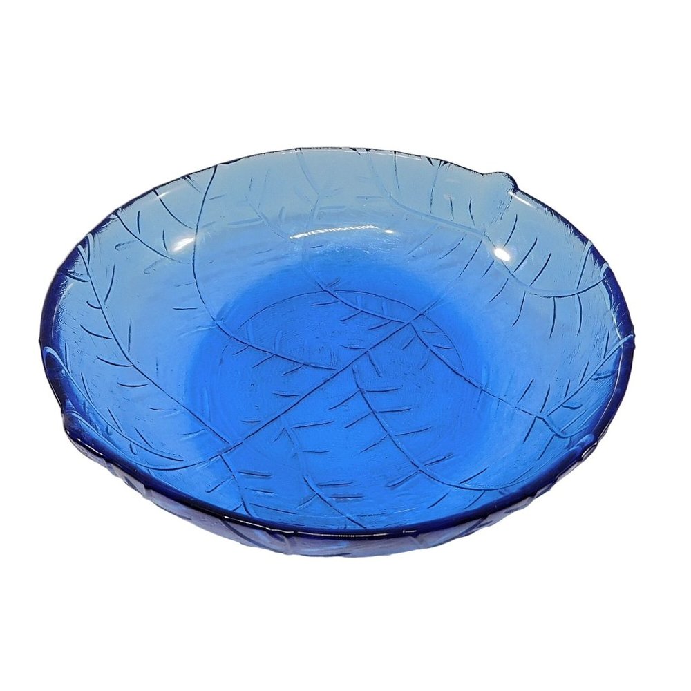 Cobalt Blue Glass Bowl Textured Leaf Design 5.75"